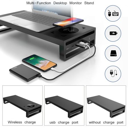 Multi-Function Wireless Charger Base Holder Desktop Monitor Stand Computer Screen Riser USB 3.0 Charging