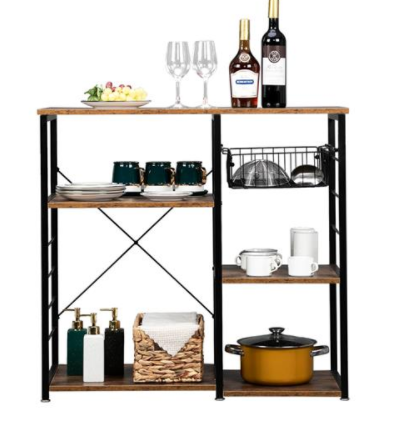 Hodely 5-Layer MDF Industrial Wrought Iron Kitchen Shelf with Drain Basket Hook