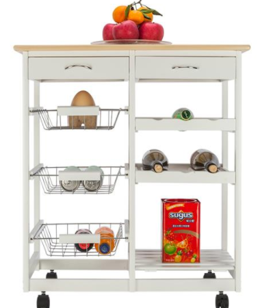 FCH Moveable Kitchen Cart with Two Drawers & Two Wine Racks & Three Baskets White