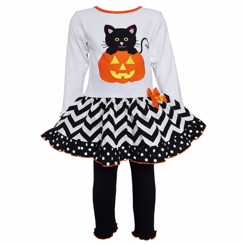 Girls' Orange Pumpkin and Black Cat Dress