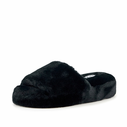 Women's Black Faux Fur Slippers - FNGINC