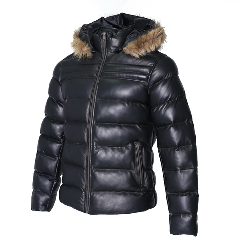 Men's Crimson Black Puffer Winter Down Leather Jacket with Fur - FNGINC