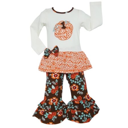 Girl's Orange Floral Thanksgiving Tunic and Pants