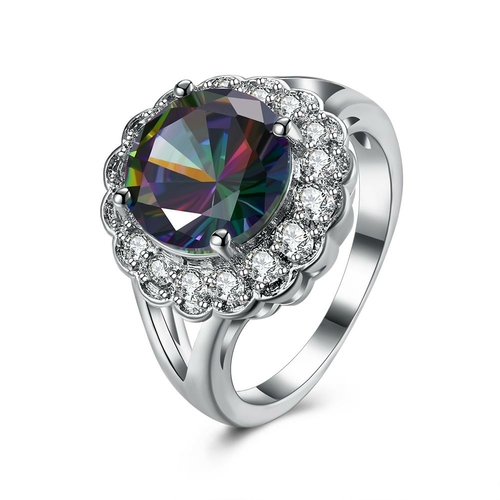 18K White Gold Plated Round Mystic Topaz Princess Cut Ring