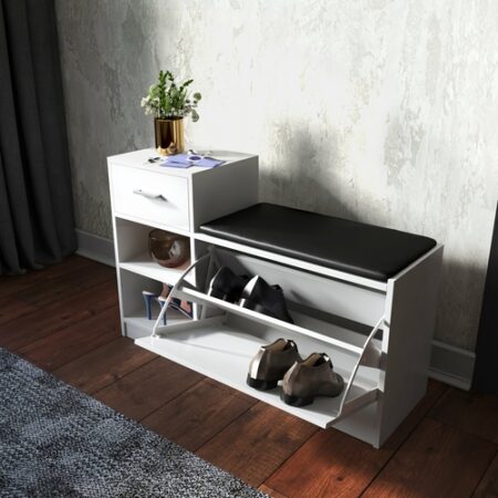 White Shoe Storage Bench With Shoe Rack And Drawer