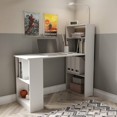 White Computer Desk With Bookcase and Bookshelves