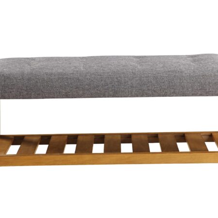 Rectangular Gray Padded Bench with Oak Finish Legs and Shelf