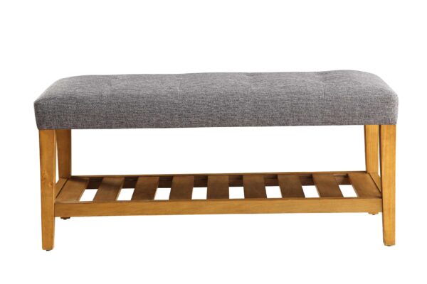 Rectangular Gray Padded Bench with Oak Finish Legs and Shelf