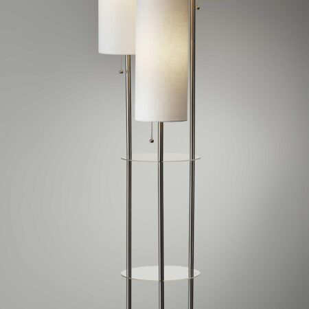 Three Light Floor Lamp in Brushed Steel with Two Clear Storage Shelves