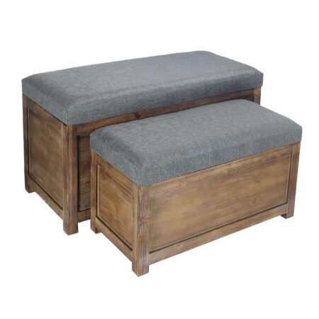 Set of 2 Wood Storage Benches Rectangular Gray Linen Fabric