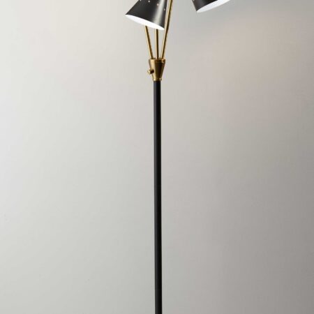 Black Metal Floor Lamp with Three Adjustable Antique Brass Accented