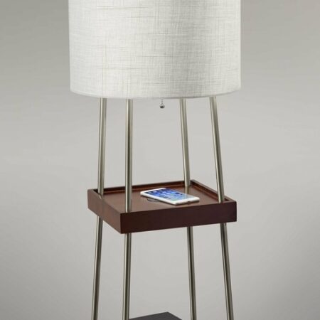 Walnut Wood Metal Shelf Floor Lamp with Charging Station