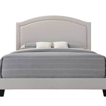 Queen Grey Upholstered with Nail Head Trim Platform Bed and Dark Wood