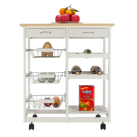 Kitchen Cart with Two Drawers & amp; Two Wine Racks & amp; Three Baskets White - Picture