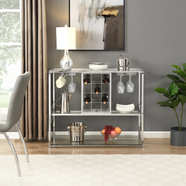 Bar Serving Cart with Glass Holder and Wine Rack, 3-tier Kitchen Trolley with Tempered Glass Shelves and Chrome-finished Metal Frame, Silver - Chrome