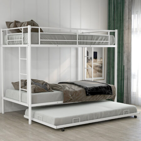 Twin Over Twin Bunk Bed with Trundle, White
