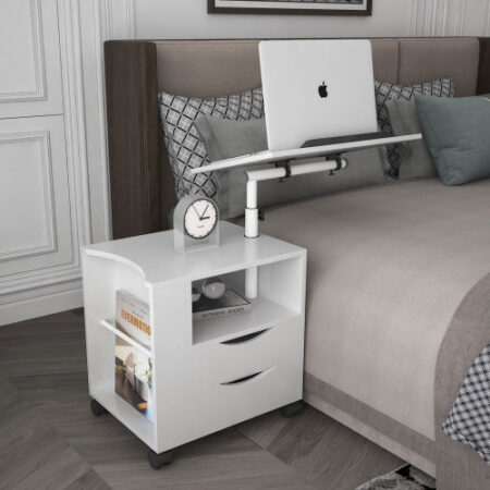 Height Adjustable Overbed End Table Wooden Nightstand with Swivel Top, Storage Drawers, Wheels and Open Shelf - white