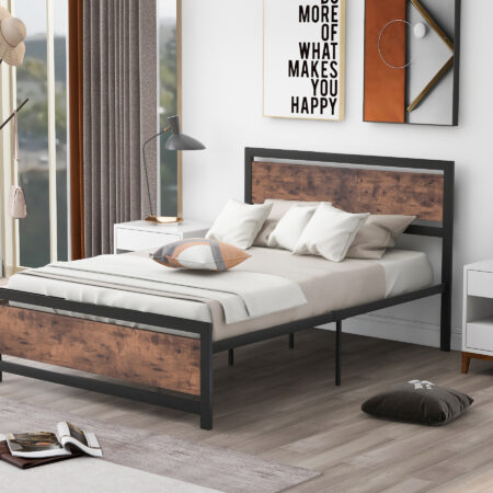 Full Size Platform Bed with Metal and Wood Frame, Headboard and Footboard, no Box Spring - black