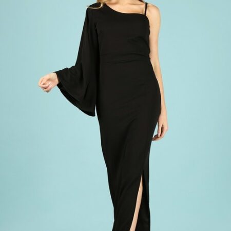 Fitted Maxi Dress, High Slit, Single Long Bell Sleeve