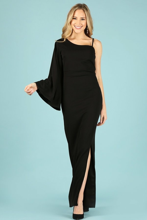 Fitted Maxi Dress, High Slit, Single Long Bell Sleeve