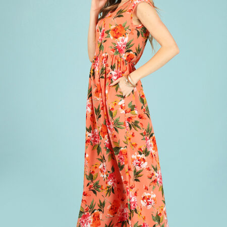 Maxi Dress, Loose Fit, Round Neck, Cap Sleeves, Pockets