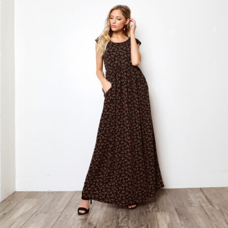 Maxi Dress, Loose Fit, Round Neck, Gathered Waist, Side Pockets