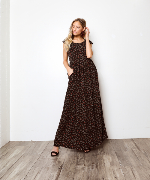 Maxi Dress, Loose Fit, Round Neck, Gathered Waist, Side Pockets