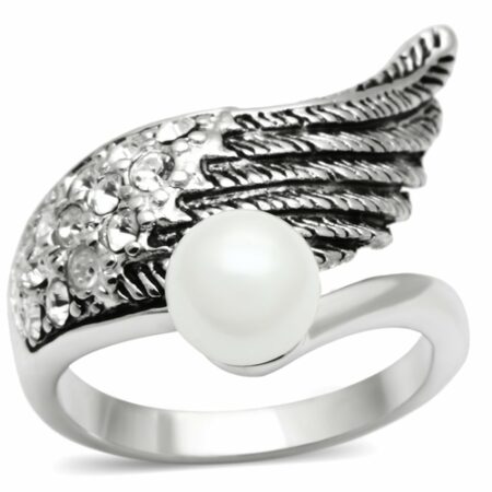 Rhodium Brass Ring with Synthetic Pearl in White