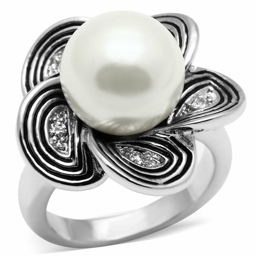 Rhodium Brass Ring with Synthetic Pearl