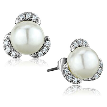 Rhodium Brass Earrings with Synthetic Pearl in White