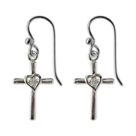 Small Silver Cross with Open Heart Earrings