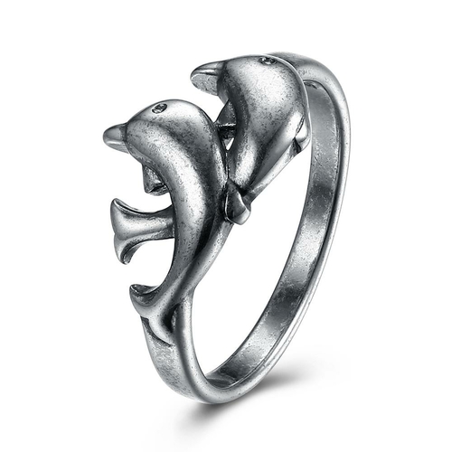 Two Dolphins Antique Silver-Plated Stainless-Steel Ring