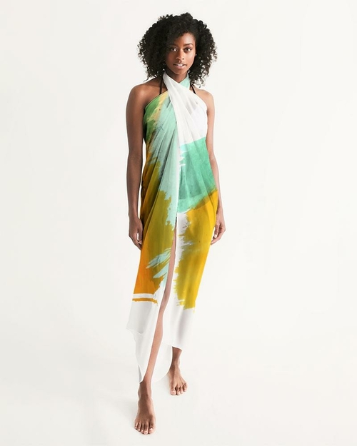 Sheer Swimsuit Cover Up Abstract Print Orange and Green