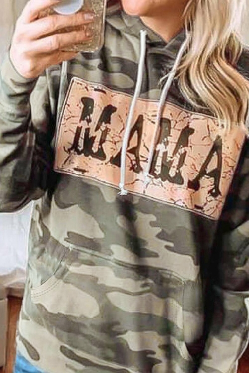 Camo Print Letter Drawstring Hoodie with Pocket
