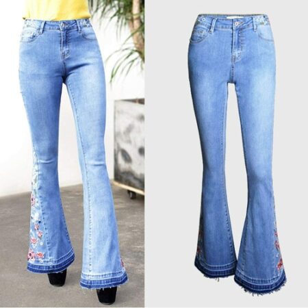 Chic Floral Embroidered High-Rise Bell Bottom Flare Jeans