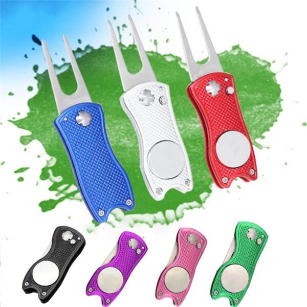 Metal Foldable Golf Divot Tool with Pop-up Button & Magnetic Ball Marker