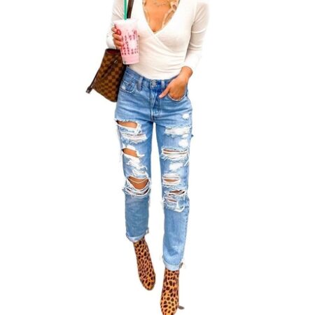 High Waisted Skinny Distressed Ripped Hole Denim Jeans