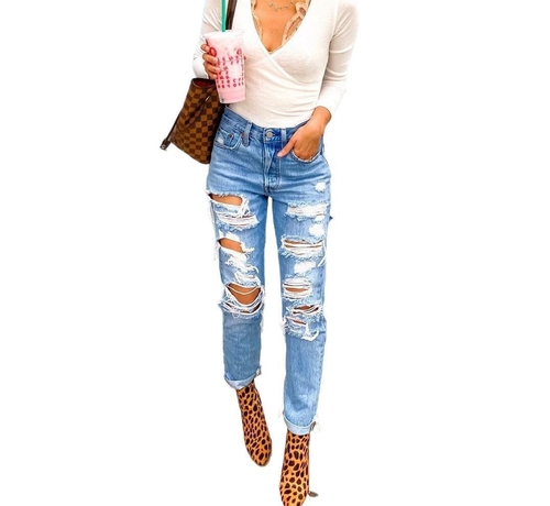 High Waisted Skinny Distressed Ripped Hole Denim Jeans