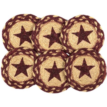 Burgundy Tan Jute Coasters Stencil Star (Set of 6)