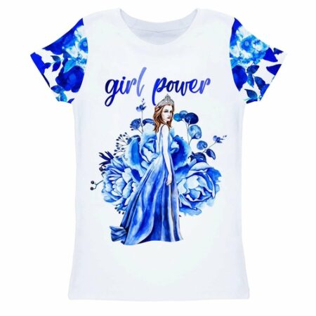 "Girl Power" White and Blue Printed T-Shirt