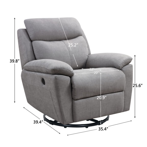 Light Grey Fabric Glider and Swivel Power Recliner with USB port, 35.43 x 39.37 x 39.8 - inches