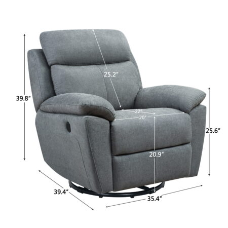Grey, Green Fabric Glider, Swivel Power Recliner with USB port, 35.43 W x39.37 D x 39.8 H- inches