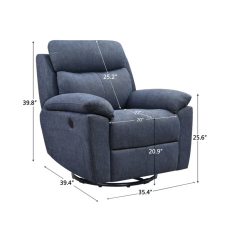 Blue Fabric Glider and Swivel Power Recliner with USB port, 35.43 W X 39.37 D X 39.8 H - inches