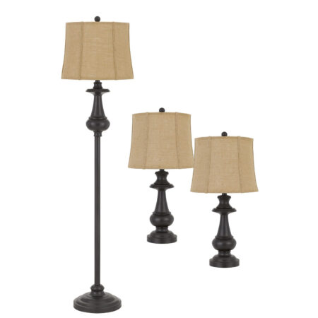 Set of Three, Traditional Metal Floor and Table Lamp Set